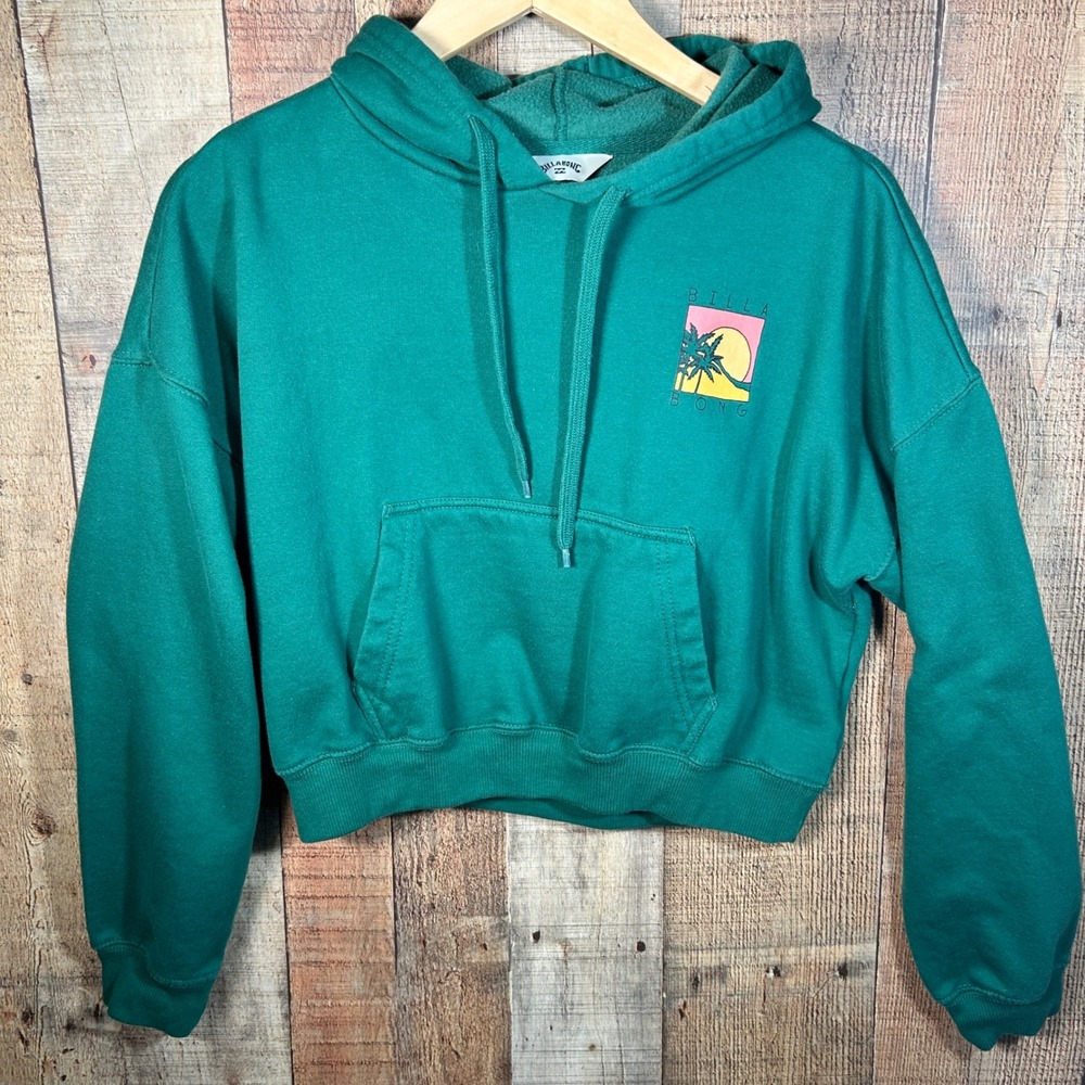 Billabong Green Cotton Blend Graphic Cropped Pullover Hoodie Size Medium